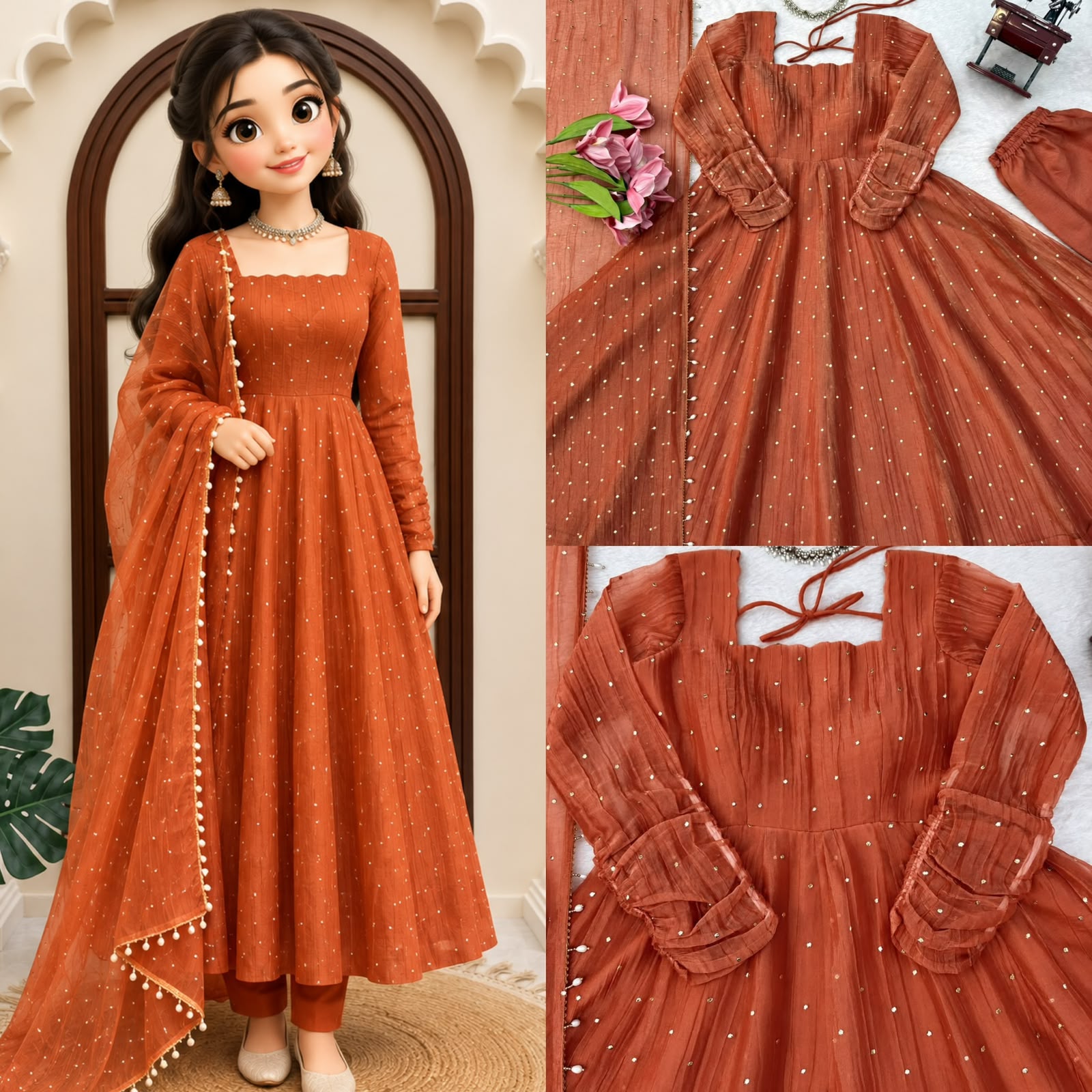 Designer Salsa Silk Foil Work Gown Set with Stitched Pant and Dupatta