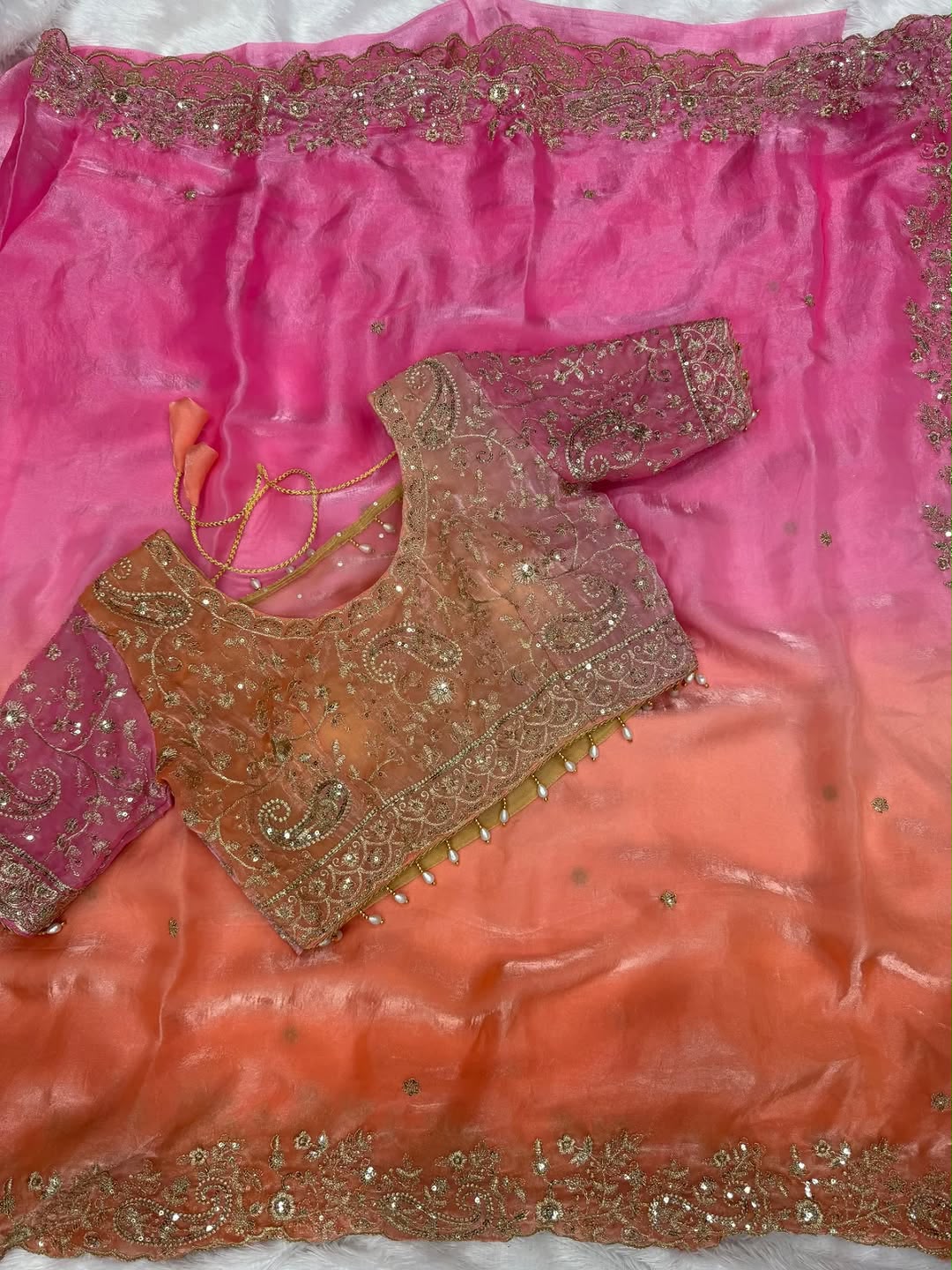 Elegant Fendy Satin Saree with 3mm Sequence Embroidery & Stitched Heavy Jhal Blouse (Up to 42")